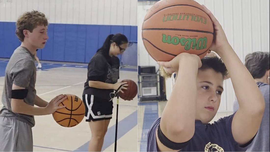 Youth basketball player using KAT training system with sensor technology for real-time feedback on shooting form